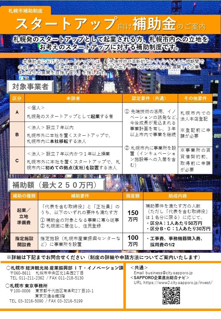 札幌市スタートアップ立地促進補助金イメージ